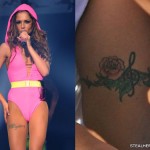 Cheryl Cole rose and treble clef thigh tattoo