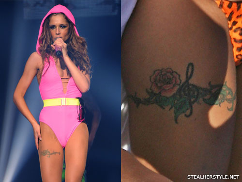 Cheryl Cole rose and treble clef thigh tattoo