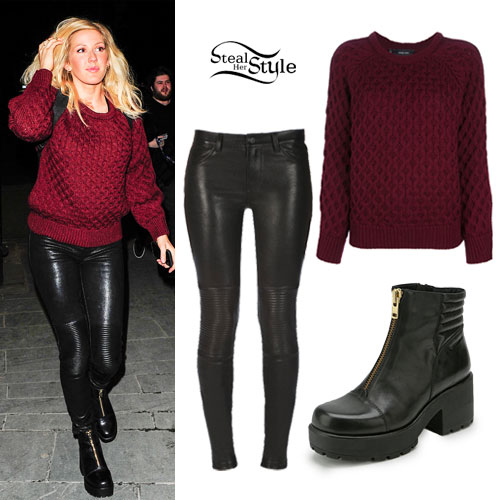 Ellie Goulding: Burgundy Sweater, Zipper Boots