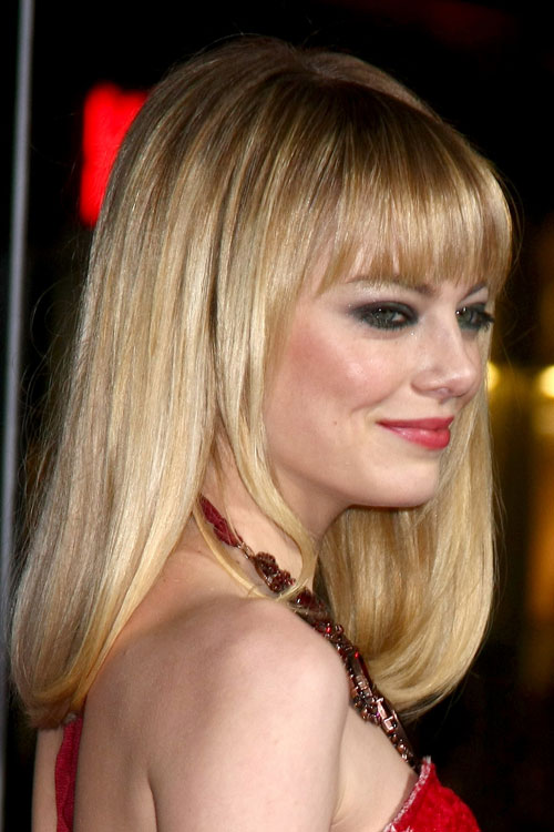Emma Stone Straight Golden Blonde Straight Bangs Hairstyle | Steal Her ...