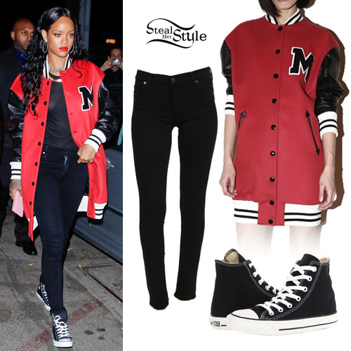 Rihanna in Varsity Jacket, Puma Sneakers and a Bright Red Louis