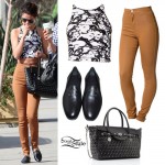 Selena Gomez: Printed Crop Top, Tan Jeans