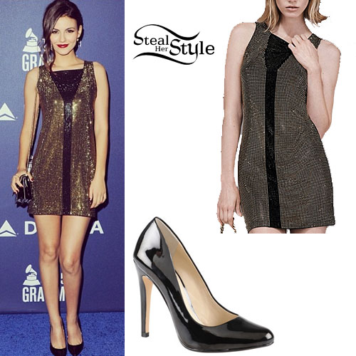 Victoria Justice: Gold Sequin Dress, Black Pumps | Steal Her Style