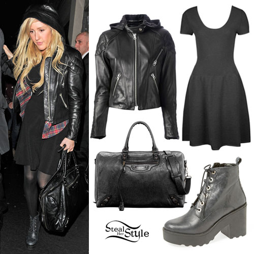 Ellie Goulding: Hooded Leather Jacket Outfit