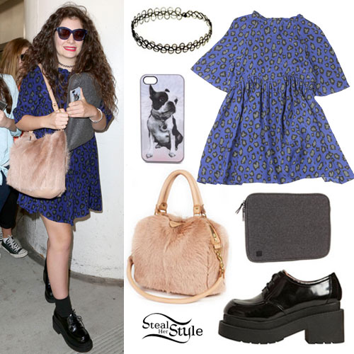 Lorde: Furry Bag, Blue Leopard Dress