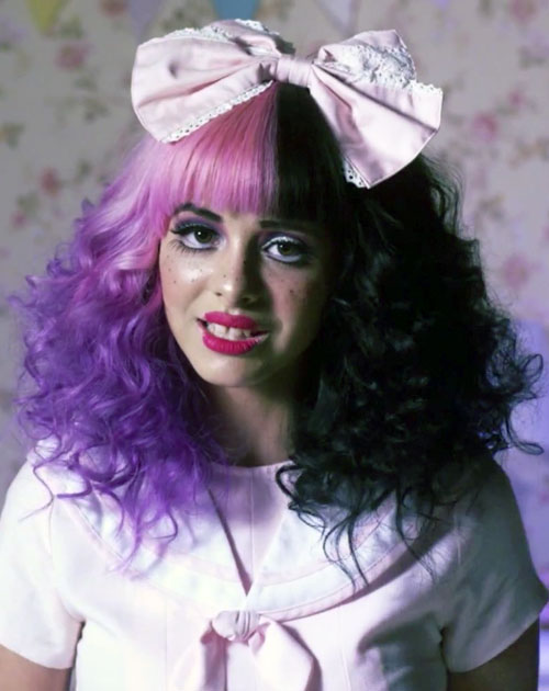 Melanie Martinez Curly Black Purple Hair Bow Split Color Straight Bangs Tri Color Hairstyle Steal Her Style