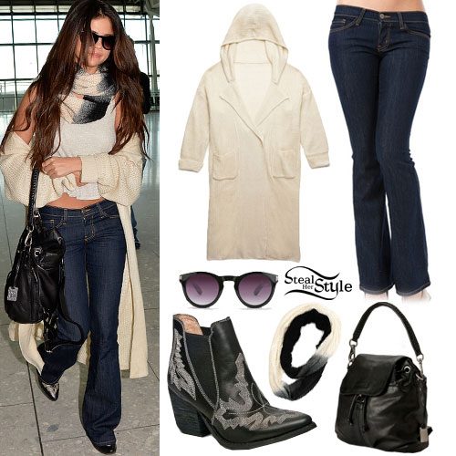 Selena Gomez: Flared Jeans, Cream Cardigan