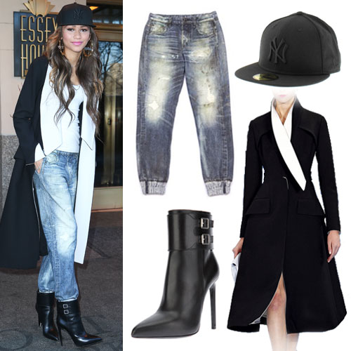 Zendaya: Black Coat, Sweatpant Jeans