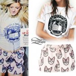 Ellie Goulding: Cat Print Shorts, Sequin Raglan