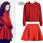 Lorde: Red Ribbed Sweatshirt & Skirt