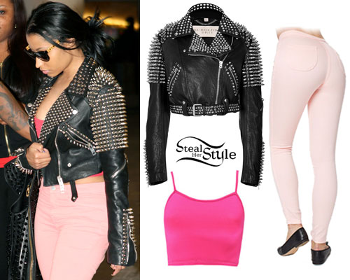Nicki Minaj: Studded Jacket, Light Pink Jeans