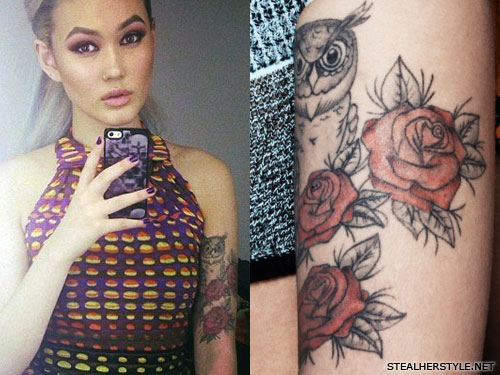 Asami Zdrenka owl roses arm tattoo