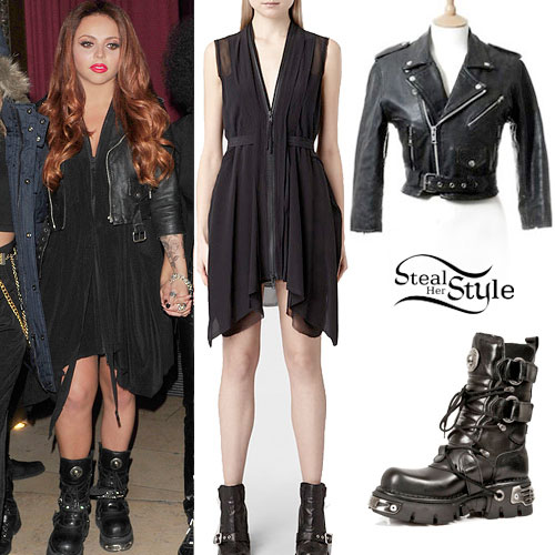 Jesy Nelson: Chiffon Dress, Leather Jacket