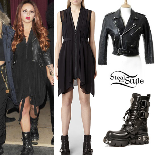 Jesy Nelson: Chiffon Dress, Leather Jacket | Steal Her Style