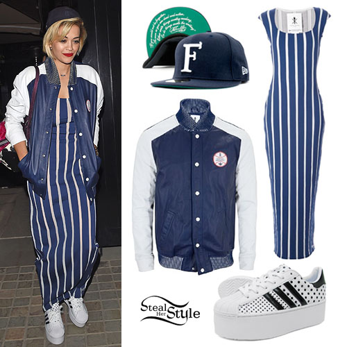 Rita Ora: Baseball Jacket, Striped Maxi Dress