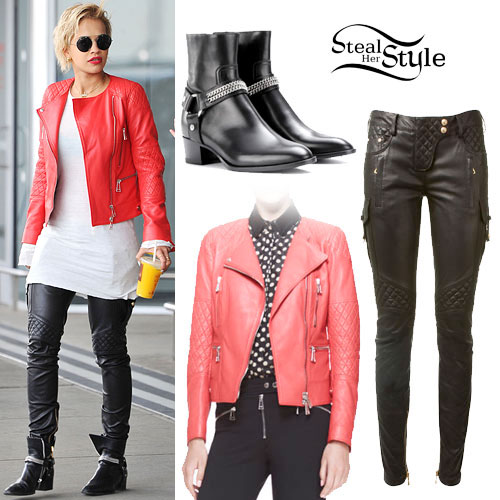 Rita Ora: Red Leather Jacket Outfit