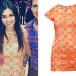 Victoria Justice: Neon Orange Lace Dress