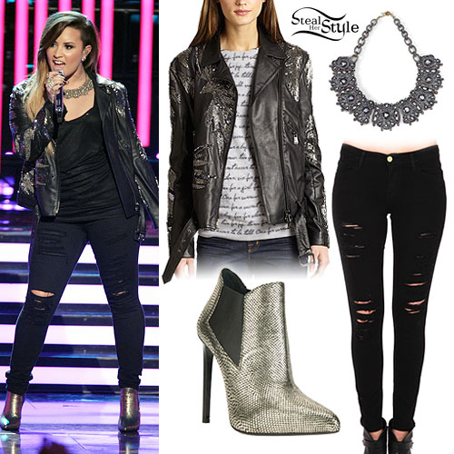 Demi Lovato: Beaded Leather Jacket Outfit
