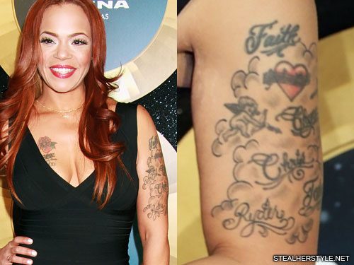 Faith Evans Bow and Arrow, Cherub, Clouds, Heart, Name Upper Arm Tattoo |  Steal Her Style