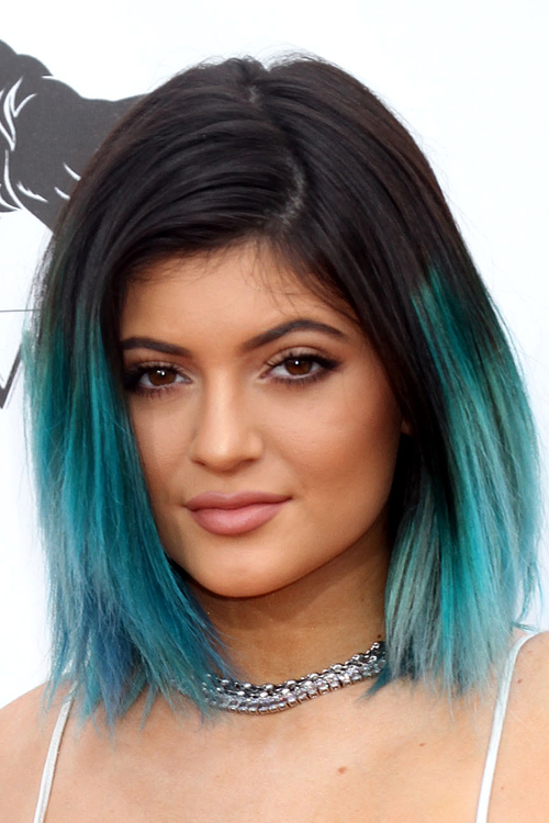 Kylie Jenner Straight Black, Blue Dip Dyed, Two-Tone Hairstyle | Steal Her  Style