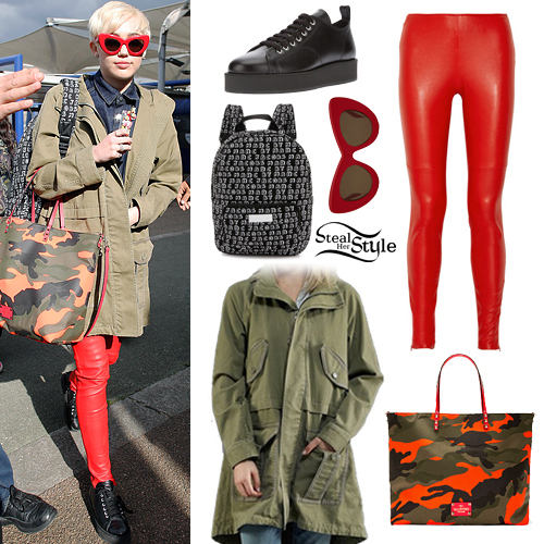Miley Cyrus: Red Leggings, Green Coat