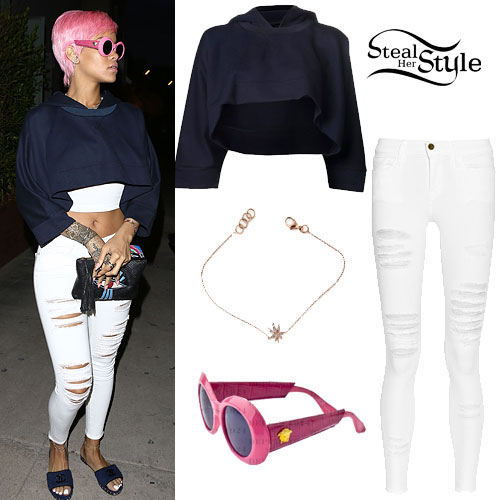 Rihanna: Ripped White Jeans, Cropped Hoodie