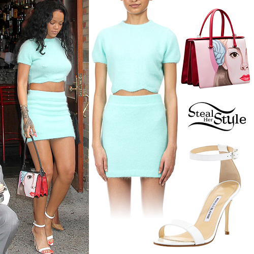 Rihanna: Blue Knit Skirt & Crop Tee