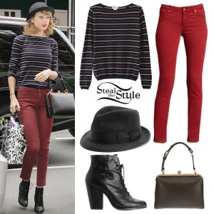 Taylor Swift: Striped Sweater, Red Jeans | Steal Her Style