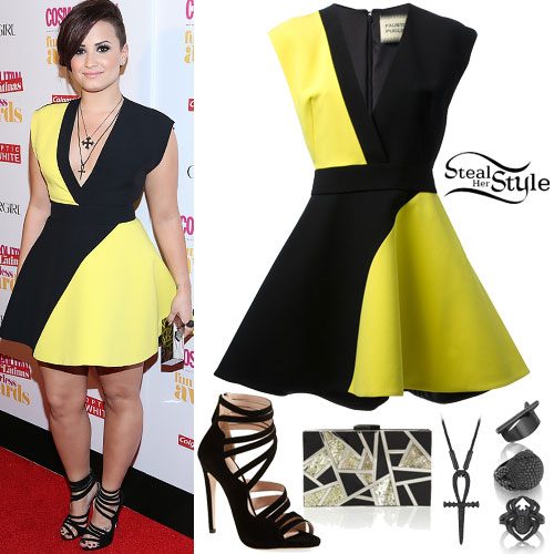 Demi Lovato: Black-Yellow Dress Outfit