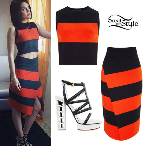 Jessie J: Red/Black Stripe Top & Skirt