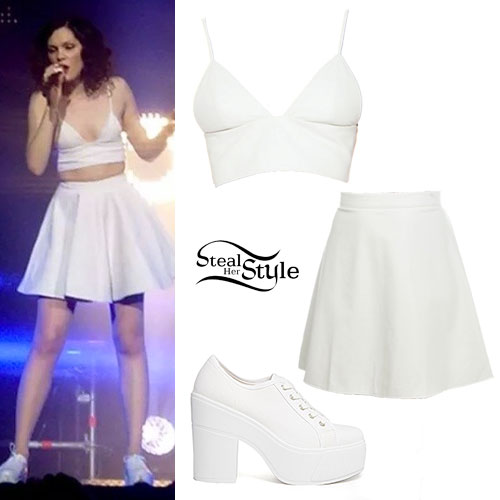 Jessie J: White Leather Bralet & Skater Skirt