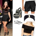 Jesy Nelson: Off Shoulder Top, Black Shorts