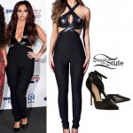 Jesy Nelson: Leather Jumpsuit, Textured Pumps