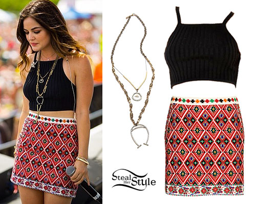 Lucy Hale: Rib Crop Top, Embroidered Skirt