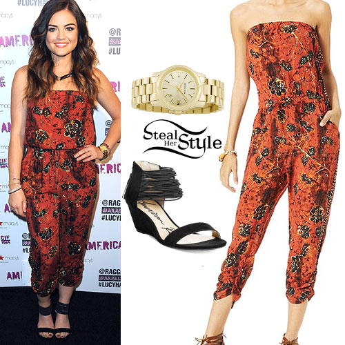 Lucy Hale: Printed Jumpsuit, Strappy Sandals