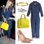 Iggy Azalea: Denim Jumpsuit, Yellow Bowler Bag