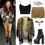 Jesy Nelson: Fringed Kimono, Khaki Shorts