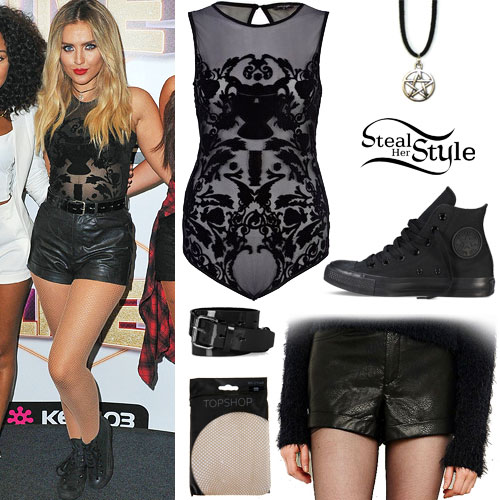 Perrie Edwards: Baroque Bodysuit, Leather Shorts