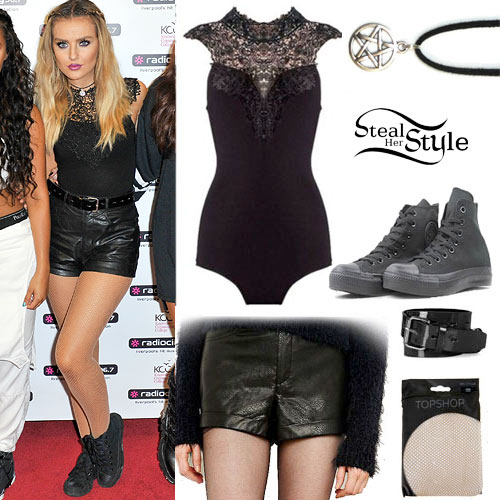 Perrie Edwards: Lace Bodysuit, Leather Shorts