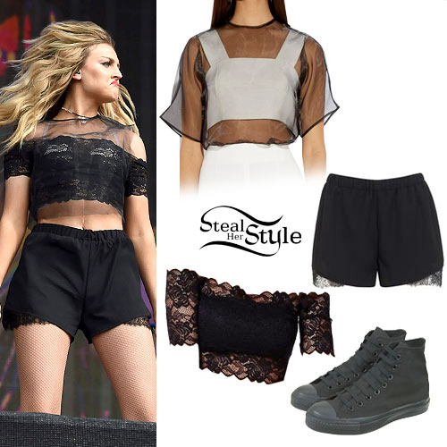 Perrie Edwards: Lace Top & Shorts Outfit