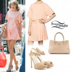 Taylor Swift: Peach Top & Skirt, Nude Bag