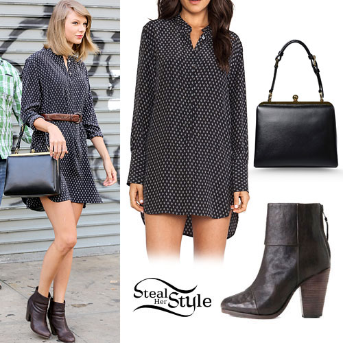 Taylor Swift: Print Shirt Dress, Ankle Booties | Steal Her Style