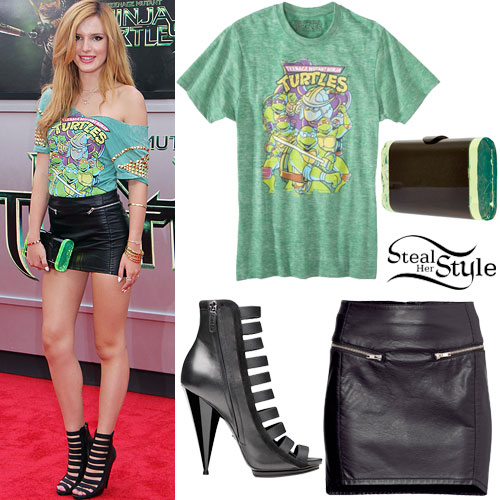 Bella Thorne: Ninja Turtles Tee, Leather Skirt