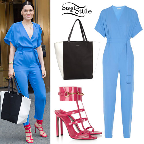 Jessie J: Blue Jumpsuit, Red Gladiator Sandals