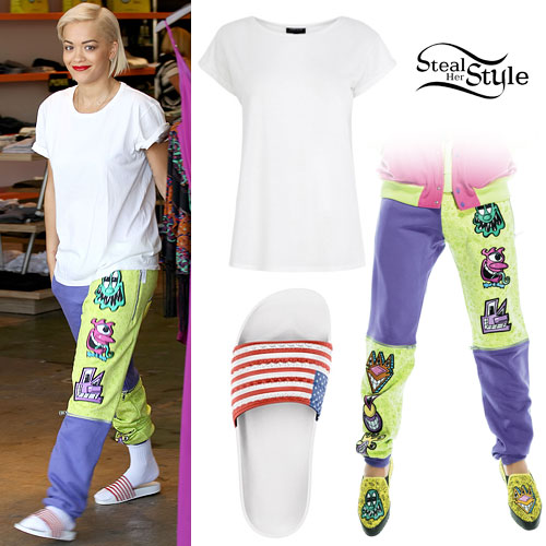 Rita Ora: Colorblock Sweatpants, Flag Sandals