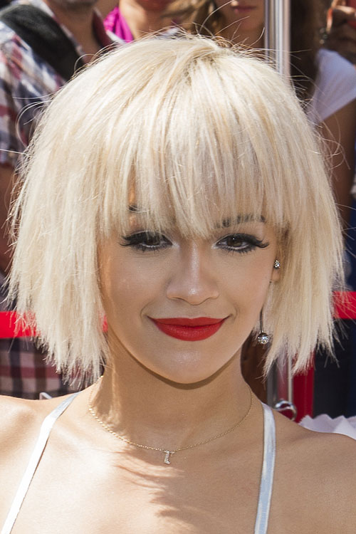 Rita Ora Straight Platinum Blonde Bob, Choppy Bangs Hairstyle | Steal ...