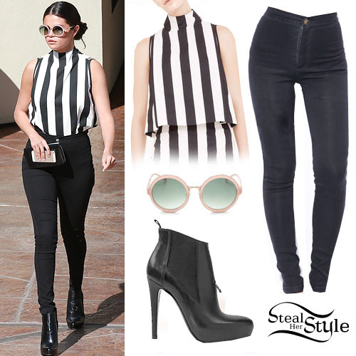 Selena Gomez: Stripe Top, Black Jeans