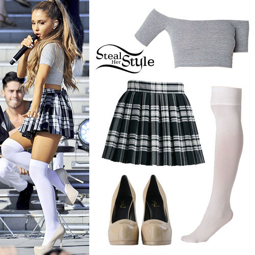 Ariana Grande: Off-Shoulder Top, Plaid Skirt Steal Her Style.
