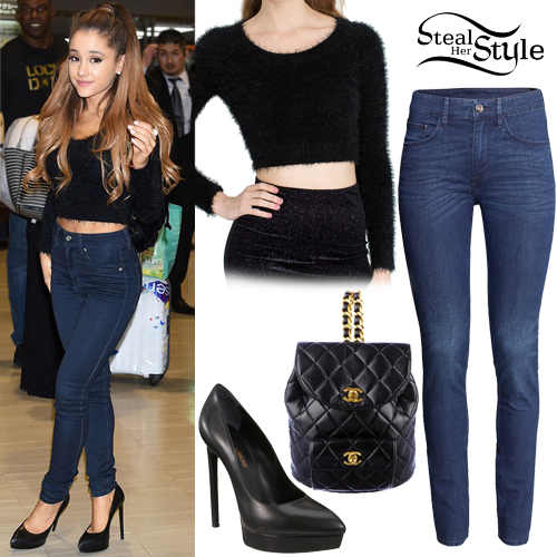 ariana grande fluffy sweater blue jeans  steal her style