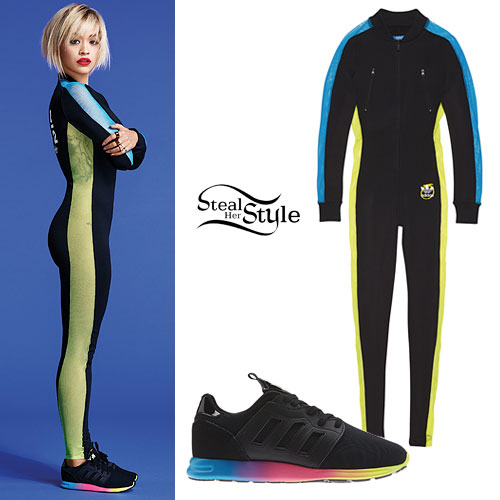 Rita Ora: Rainbow Adidas Jumpsuit & Sneakers